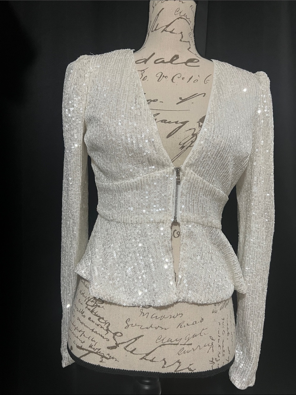 Lulu's White Sequin Zip-Front Peplum Top